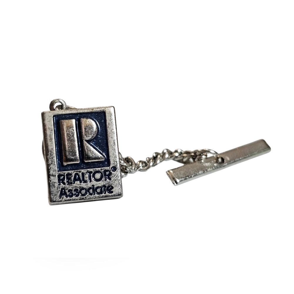 Realtor Associate Tie Tack Chain Vtg Silver Tone Real Estate Logo Emblem Pin